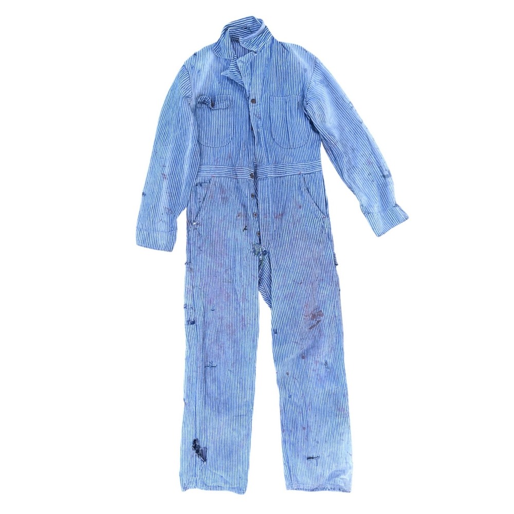 1930's Super Big Mac Hickory Stripe Coveralls Distressed Workwear Work Suit